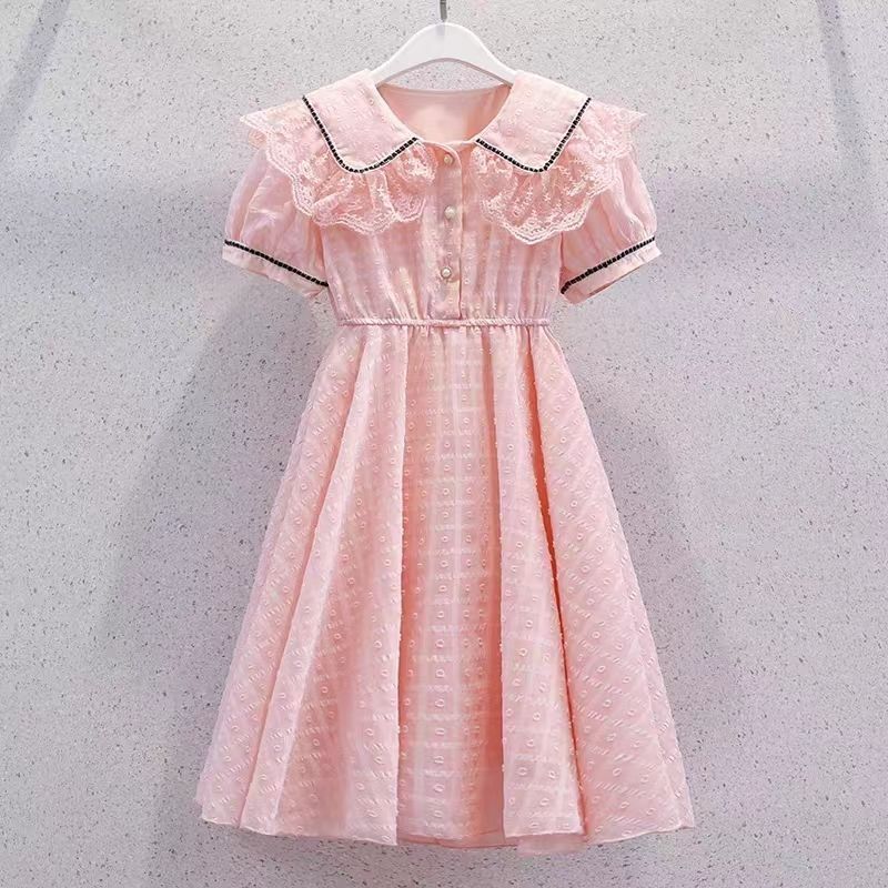 Girls' Fashionable Dress for Summer, Children's Short-sleeved Round-neck Sweet-colored Princess Dress