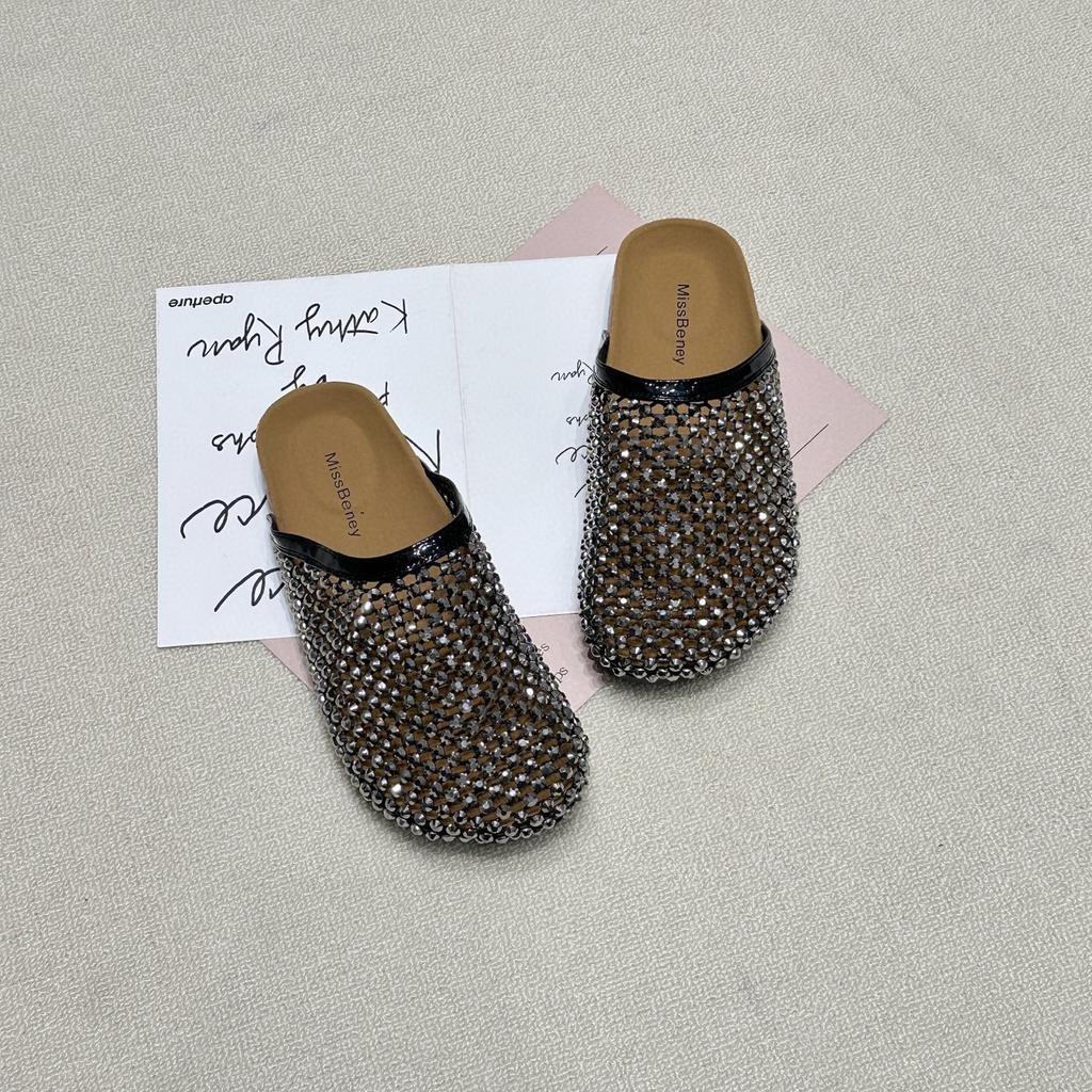 Platform Women's Shoes Niche Leather Vacation Wind Water Diamond Half Drag Women 2025 European Station Casual Mesh Woven Bag Head Drag