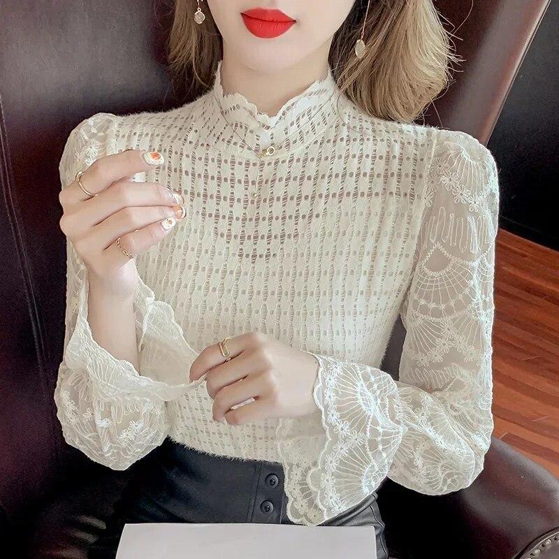 

Сексуальные приталенные топы с длинными рукавами, белая, черная кружевная блузка с воротником-стойкой, рубашка женская, осень 2023, корейская модная одежда 29707