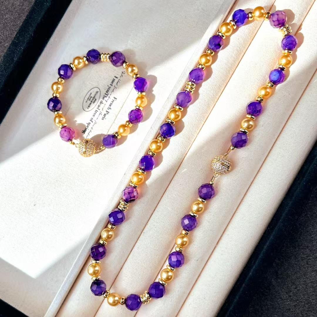 Retro High Quality Natural Purple Chalcedony Agate Artificial Crystal Pearl Bracelet Necklace