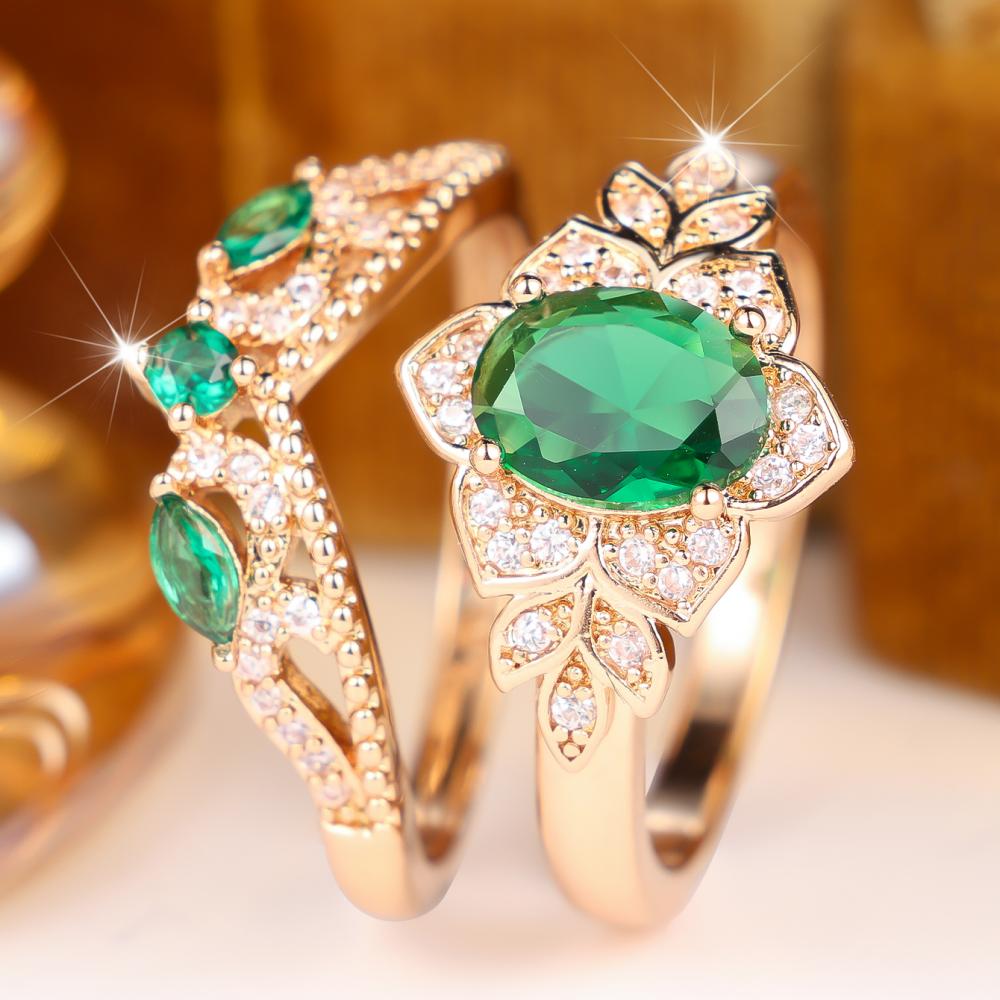 Delicate Gold Color Ring Set for Women Green Zircon Fashion Banquet Jewelry Gift