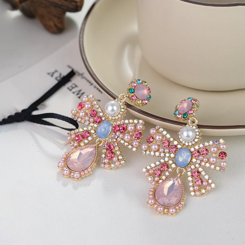 Fashionable Colorful Bow Earrings for Women Exaggerated Personality Light Luxury Earrings Heavy Industry Earrings Colorful Flowers