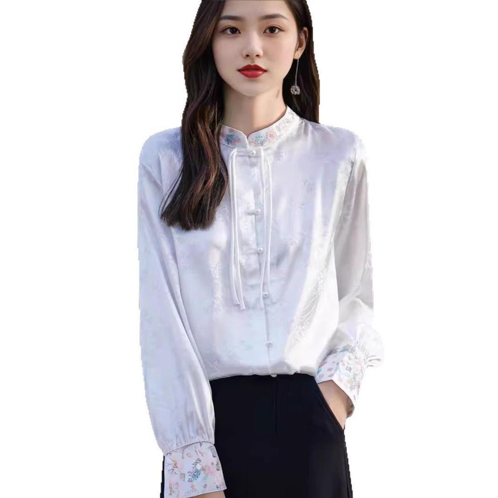 Damen Satin Stickerei Chinesischer Stil Hemd mit Stehkragen und elegantem Druck