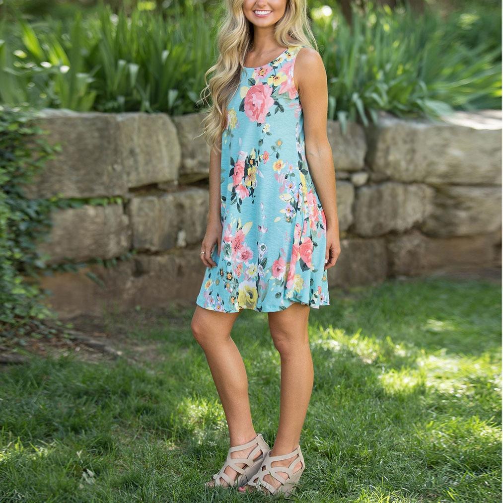 Sexy Summer Dress Loose Womans Fashion Casual Floral Print Sleeveless Dress In Bright Blue
