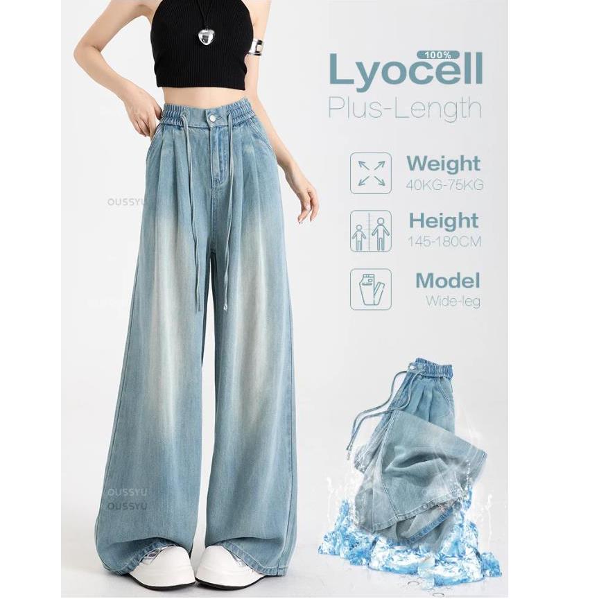 Summer Soft Ice Silk Women's Jeans Loose Wide Leg Elastic Waist Pants Casual Trousers