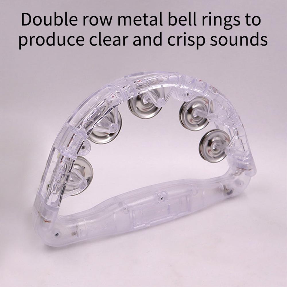 Colorful LED Hand Bells Double Row Handheld Tambourine Metal Jingles with 3 Lighting Modes Switchable Hand Held Plastic