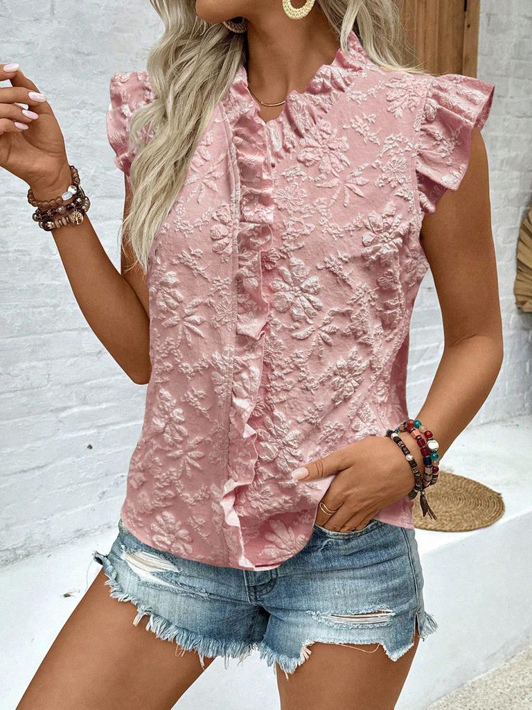 Nuevo Conjunto de Chaleco de Verano para Mujer Camisa de Manga Corta con Volantes de Encaje Floral