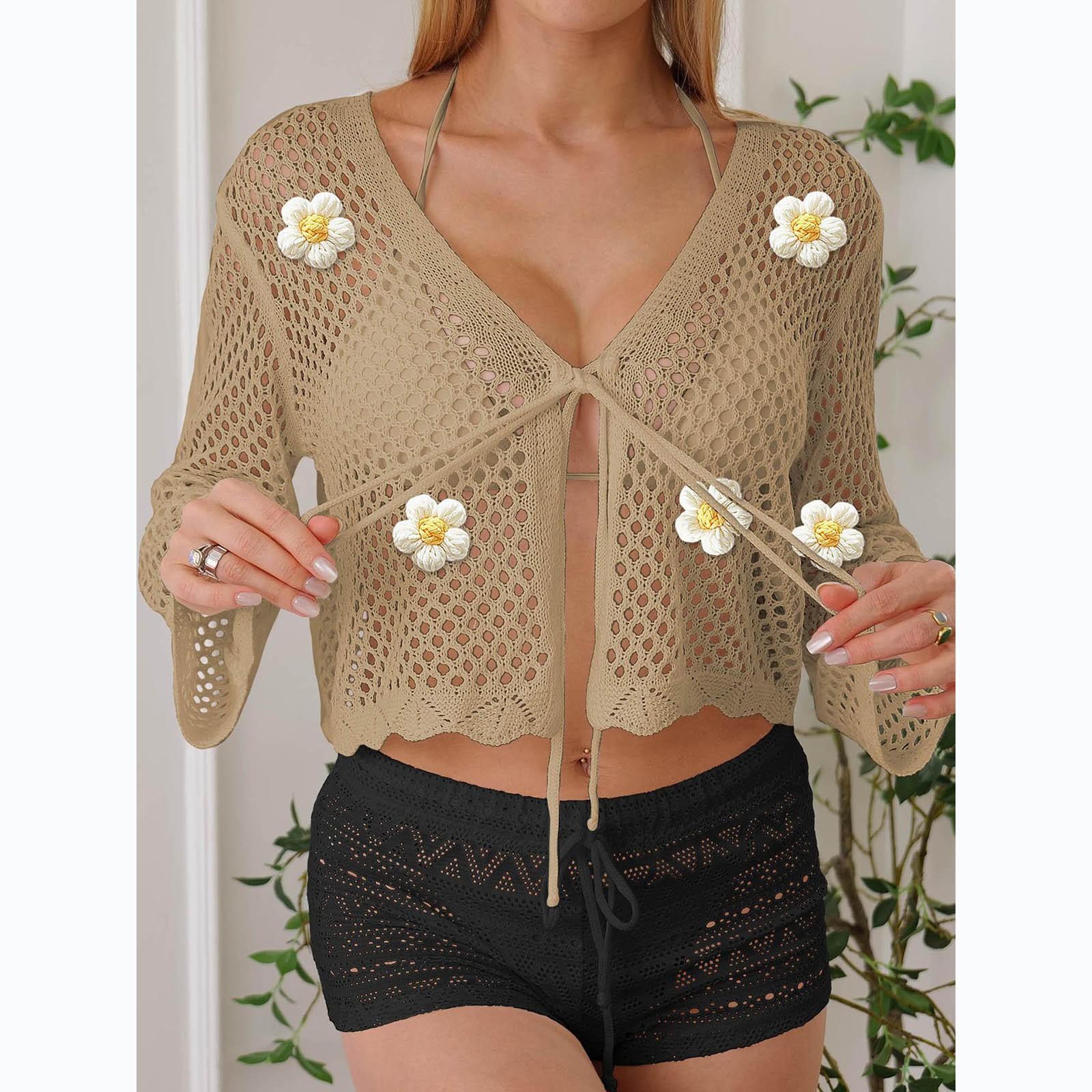 

Женское свободное повседневное пляжное бикини с короткими рукавами и кисточками в стиле пэчворк для отдыха One Size хаки