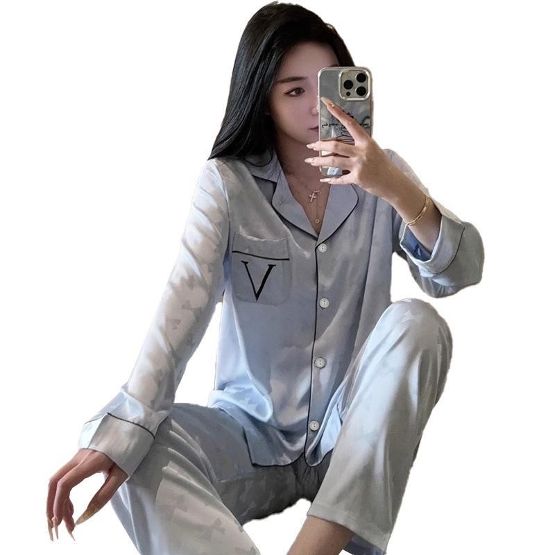 Japanese Simple Style Solid Color Summer Can Wear Long-Sleeved Trousers Lapel Loungewear Imitation Silk Pajamas