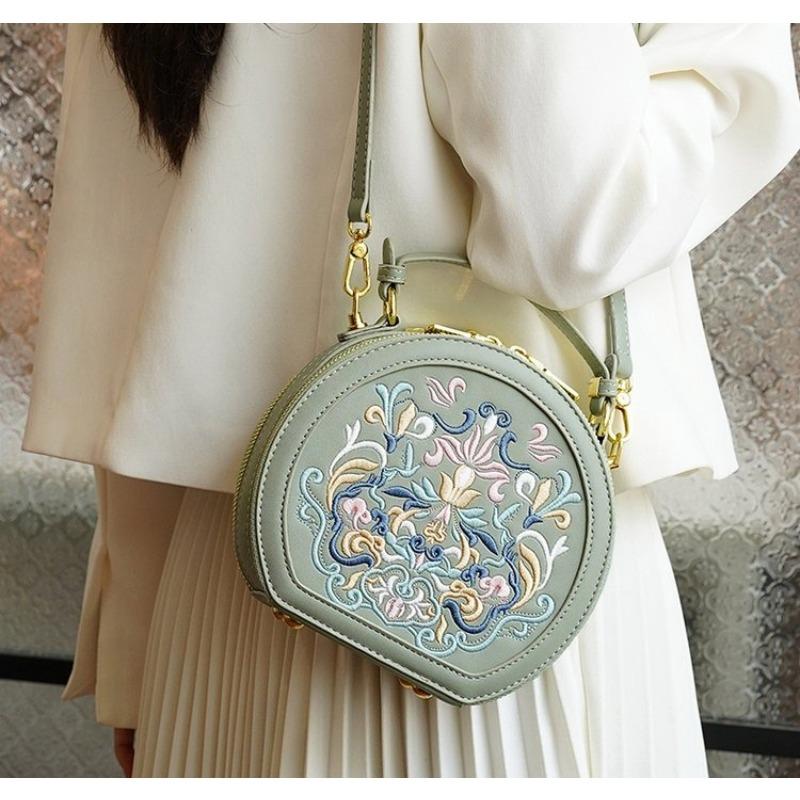 Vintage κέντημα στρογγυλή τσάντα ώμου, τσάντα χειρός με φερμουάρ, τσάντα κλασικής τάσης