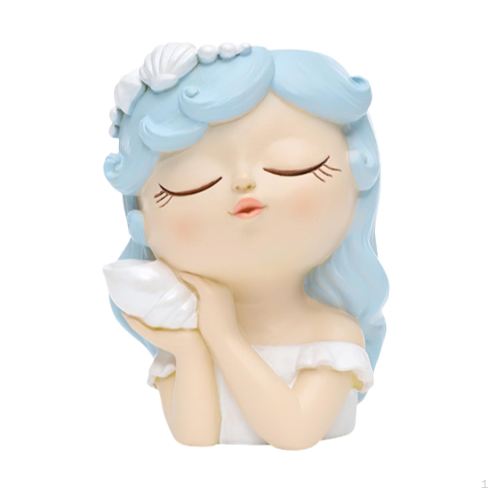 

Bonsai Holder Girl Face Planter Collectible Cartoon Resin Piece 8x7x11cm_White Blue