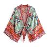 Vintage Bohemian Floral Print Sashes Short Women V-Neck Batwing Sleeves Ladies Beach Robe Cover-ups