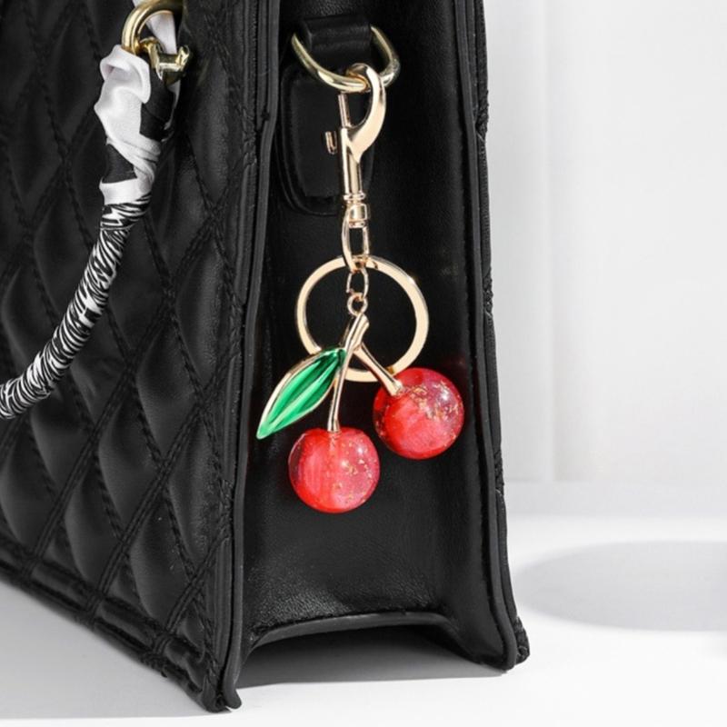 Sparkling 3D Cherry Charm Keychain Accessory Fashionable Fruit Shape Key Rings Portable Bag Decoration for Women