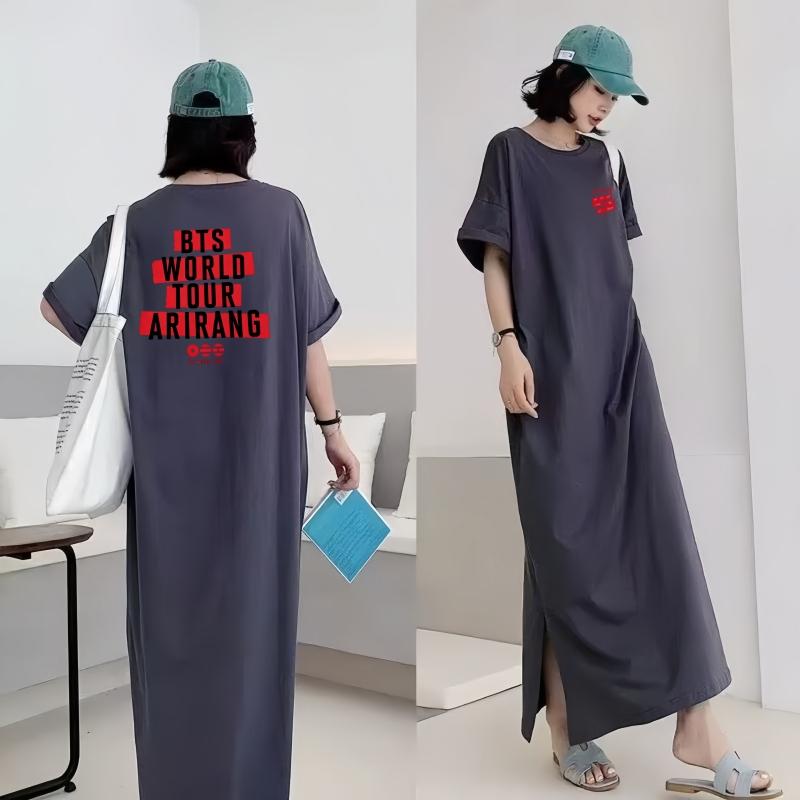 Vestito T-shirt Rotondo Larga Taglia con Fantasia Stampata, Modello Lungo, Camicia da Notte da Donna Stile Rilassato al Ginocchio