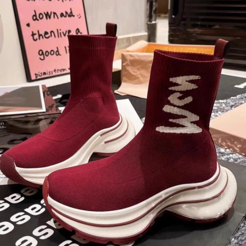 

Мода 2024 года Обувь Кроссовки Черные Женские Ботильоны Ботильоны на платформе Плоские Ботильоны Носки Спортивные Короткие Туфли для Женщин Модные Ботинки 38 вино красного