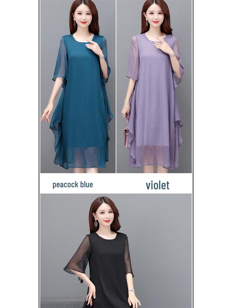 Women's Summer 2023 Silk Crepe A-line Dress: Mid-length, Solid Color, Loose Fit, Tummy-Covering, Fashionable and Elegant.
