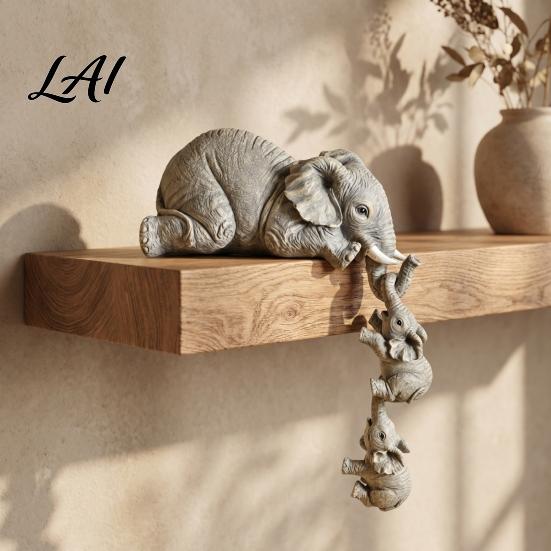Symbolic Good Luck Elephant Decor Shelf Sitter Mother Hanging 2 Baby Elephants on The Handcrafted Sculptures for Living Room Edge Hand-Painted Resin