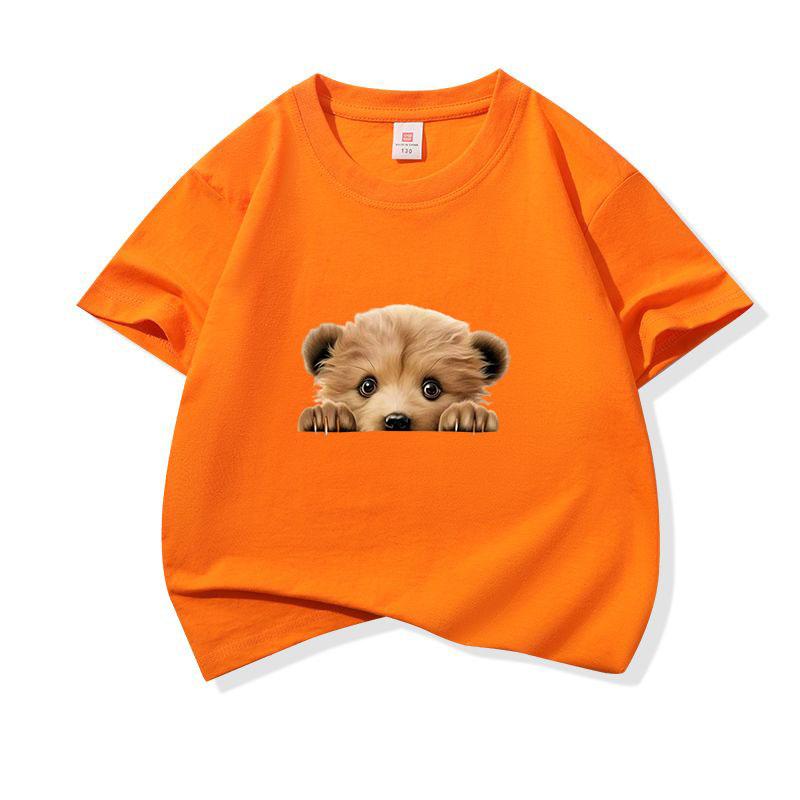 Kids Cotton T Shirt Cute Peeking Bear Cub Print Crew Neck Short Sleeve Tee Casual Breathable Boys Girls Summer Tops