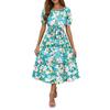 Women's Summer Floral Print Short Sleeves Neck Waistband Bohemian Flowy Maxi Dress With Pockets