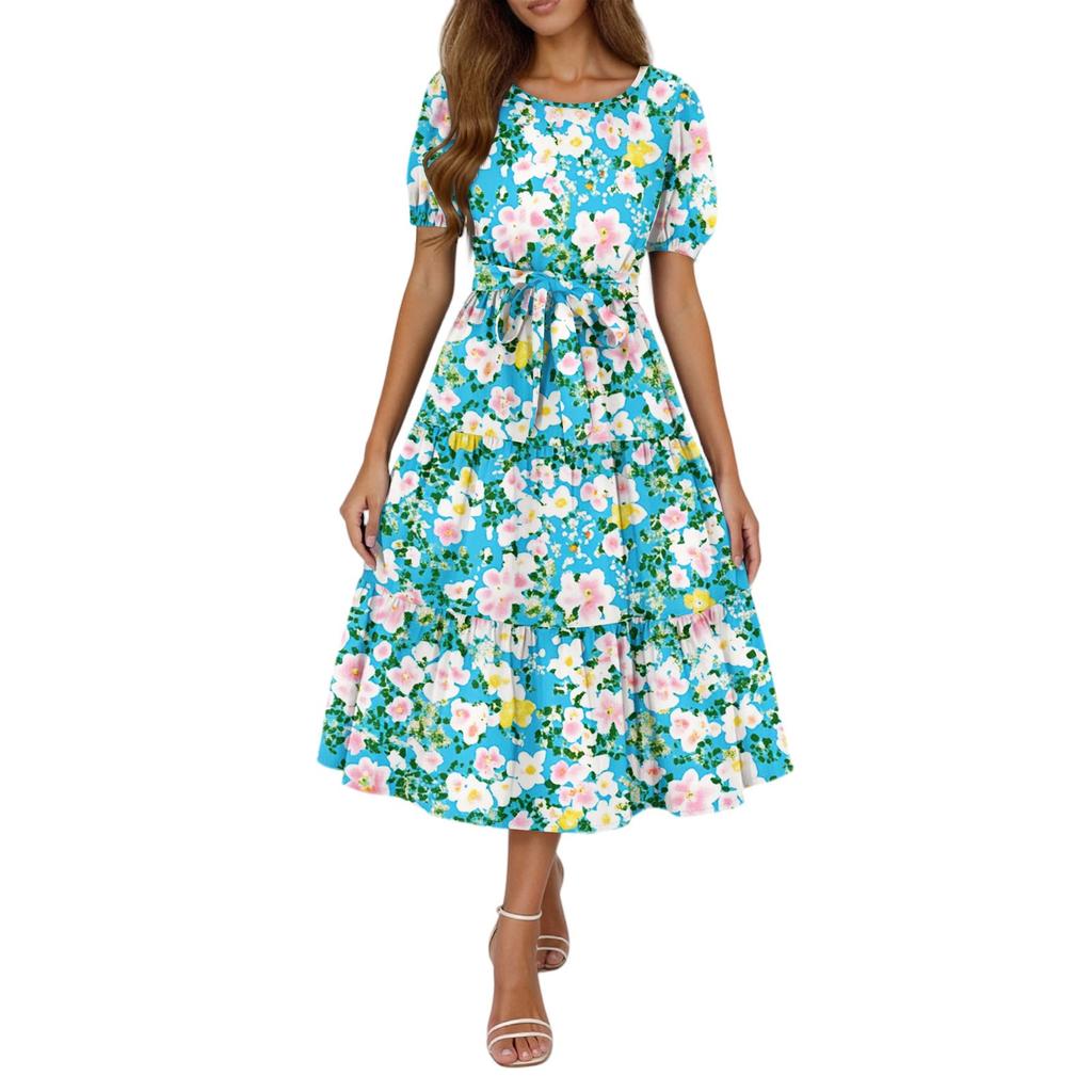 Women's Summer Floral Print Short Sleeves Neck Waistband Bohemian Flowy Maxi Dress With Pockets