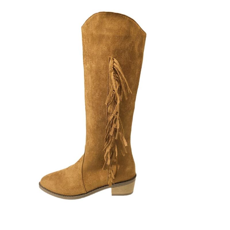 Size 36-43 Thick Heeled Pointed Suede Mid Heeled Boots for Women Autumn and Winter Tassel British Style Mid Heeled Long Boots