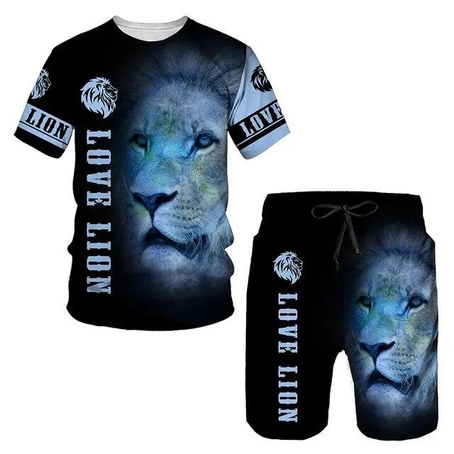 Ensemble t-shirt et short avec lettrage de lion 3D pour hommes, tenue d'été décontractée, ample, associée à un ensemble de deux pièces, vêtements d'éléments animaux