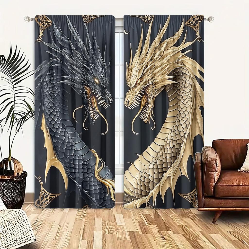 2pcs Black & Gold Dragon Print Curtains – Art Deco Style   Light Filtering & Fade Resistant for Bedroom   Living Room & Office