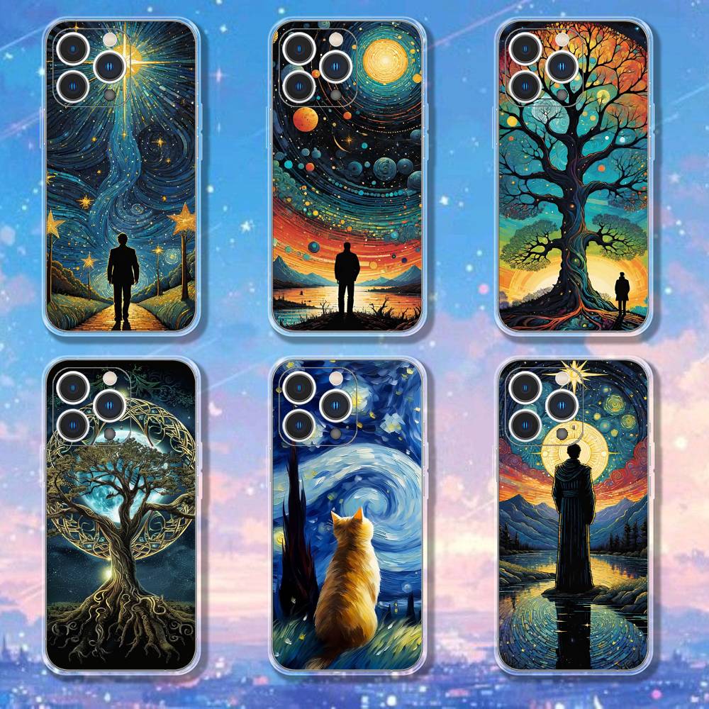 Starry Sky Art Trees Phone Case For iPhone 17,16,15,14,13,12,11 Pro,Max,Plus,XR,Mini,E Clear Full-coverage Soft Cover