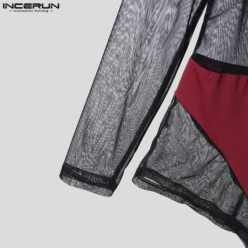 INCERUN Bărbați cu decolteu în V adânc din plasă mozaic transparent Salopete salopete