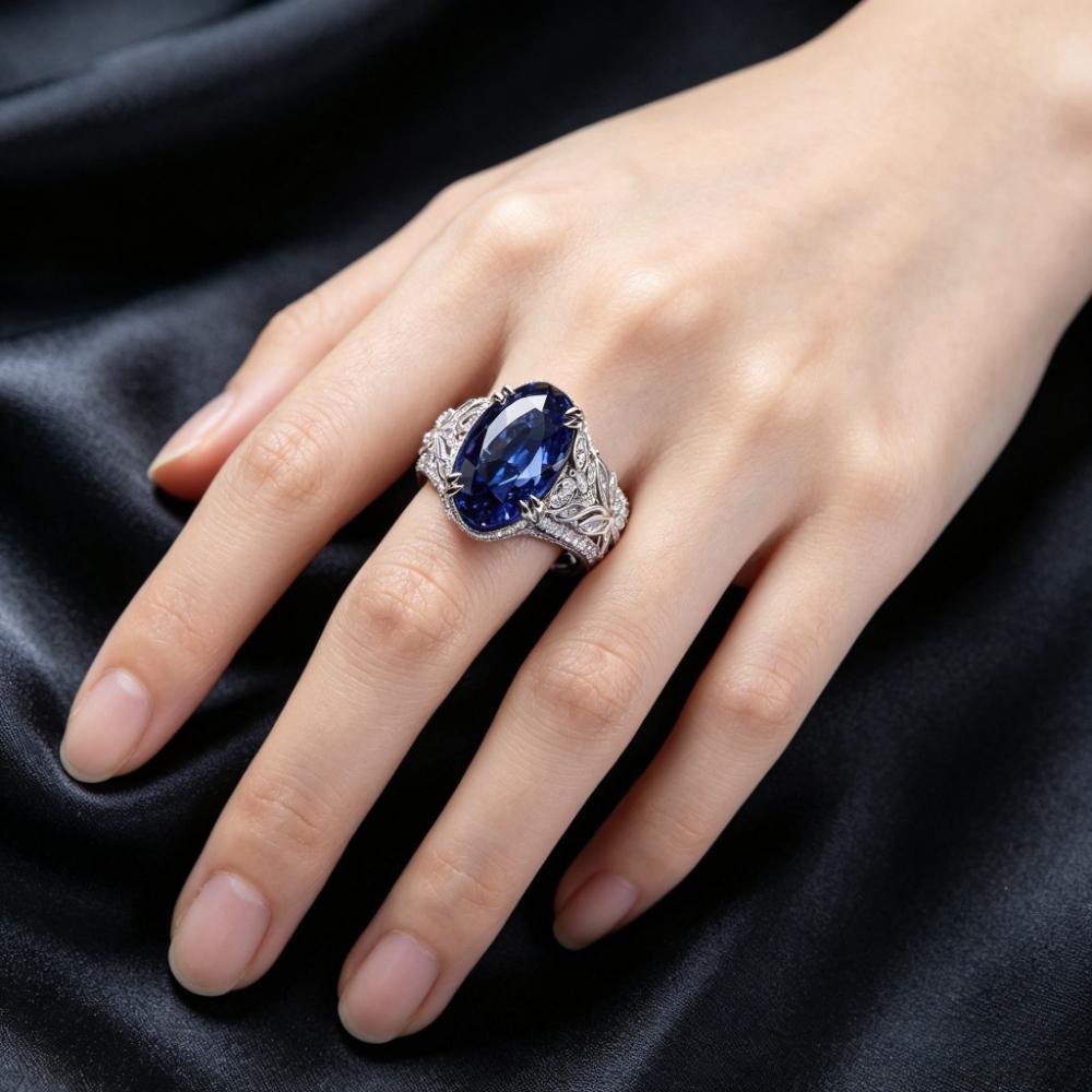 925Silver-plated Oval Blue Synthetic Cubic Zirconia Ring, Vintage Hollow-out Pavé Colorful Statement Ring Suitable for Wedding Jewelry, Youth Style
