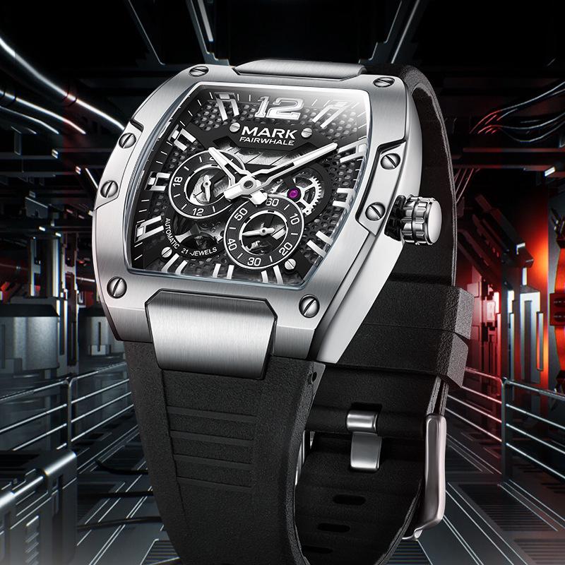 Mark Fairwhale Men s Automatic Luminous Waterproof Multifunction Watch Silver Case Black Dial Black Strap