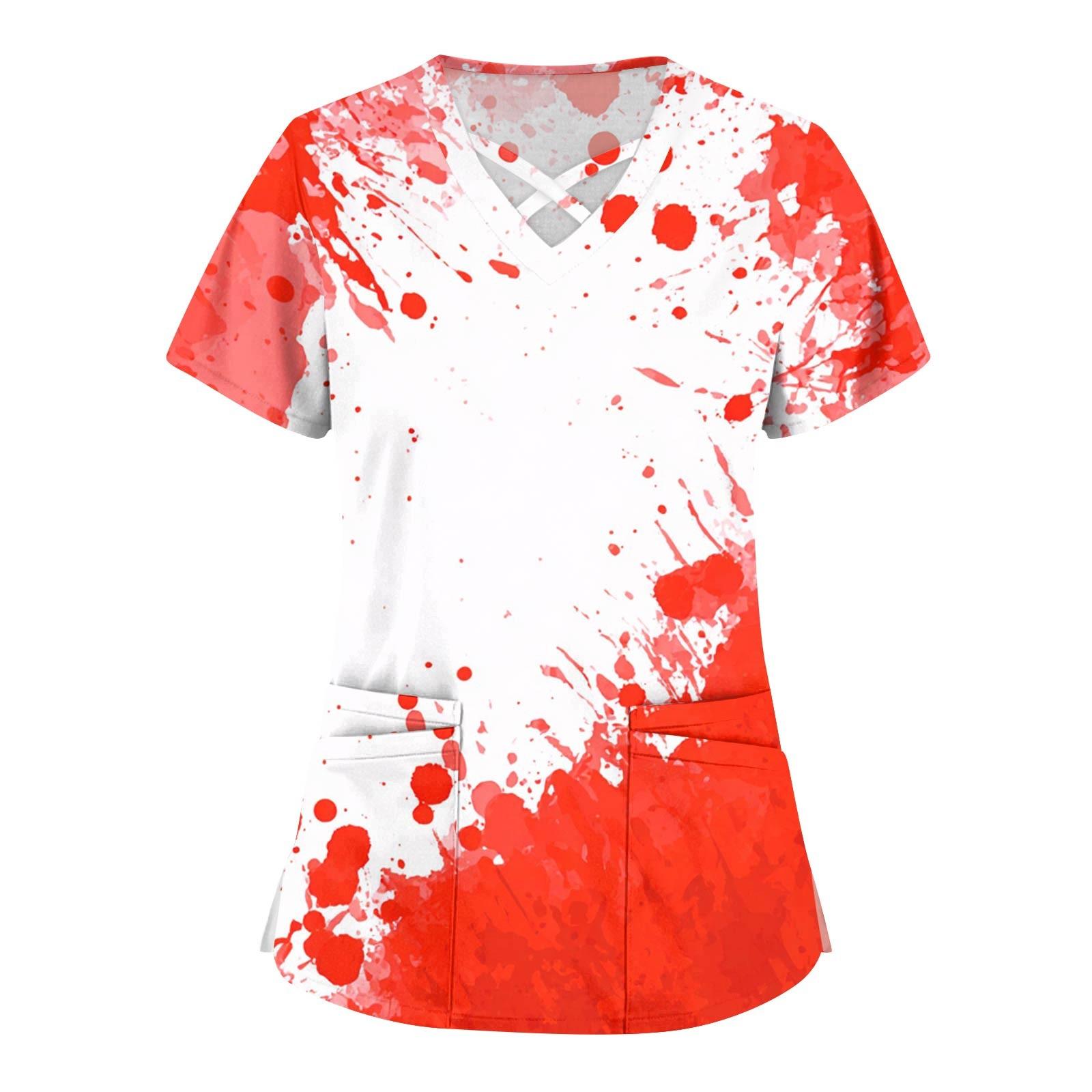 

Women s Fashion Cross V Neck Short Sleeve Overalls Double Pockets Halloween Printed Tops Uniforms L червоний