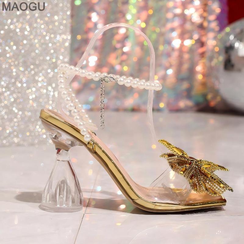 Gold Bowknot Women's High Heel Sandals Pearl Ankle Strap Chunky Heel Square Toe Fashion Party Dress Shoes Sandalias De Mujer