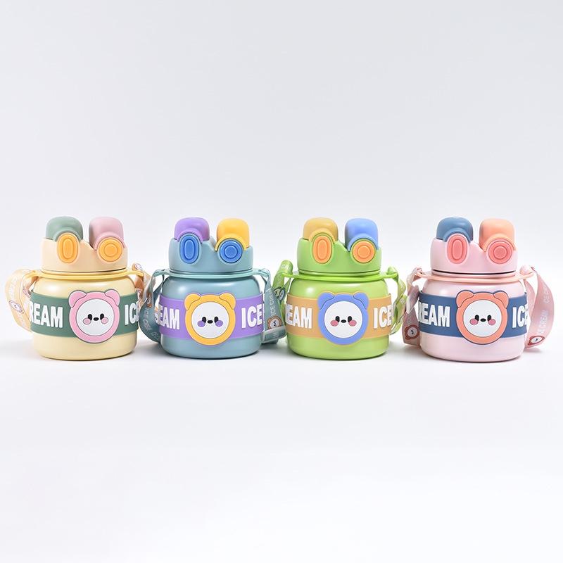 Lingpan Cute Cartoon Double Drinking Straw Big Belly Cup For Girls Outdoor Travel Shoulder Bag Water Bottle Large Capacity 850ml Barrel