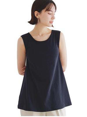 Sleeveless Bra Top with Cups Cotton Neat Plain Top [Bambi Water] Women's [Patented] A-line (Black, M)