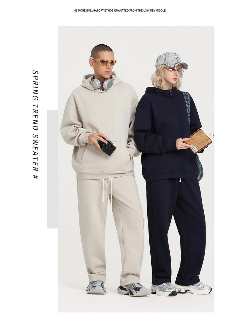 2025 Autumn/Winter Fleece-Lined Hooded Sweatshirt & Pants Set – Men's Trendy European/American Basic, Solid Color, 510g.