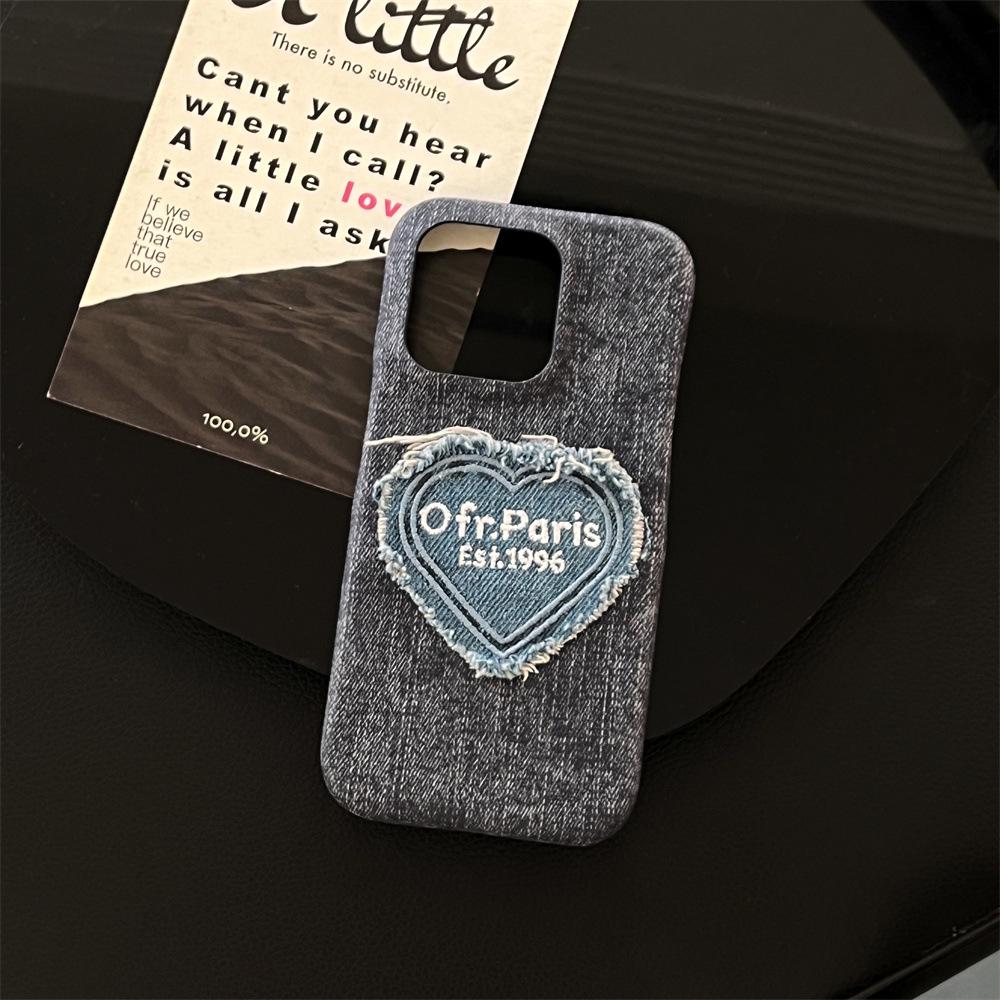 Denim Embroidery Heart Cartoon Phone Case for iPhone 13/12/14/15/16/17 PRO