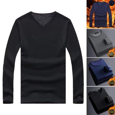 Men Fall Winter Shirt Thickened Plush Warm Soft O Neck Elastic Long Sleeve Solid Color Pullover Plus Size Daily Bottoming Top Underwear