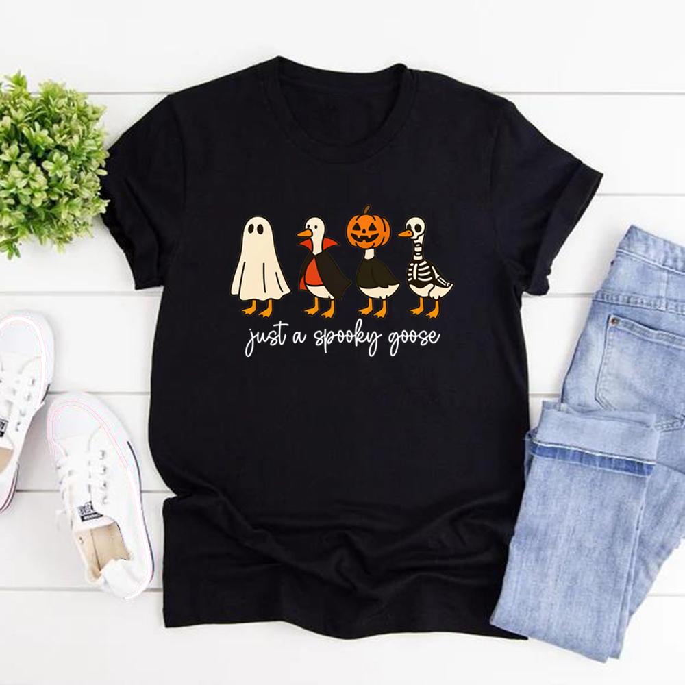 Just A Spooky Goose Tshirt Funny Halloween Goose T Shirt Unisex Women Short Sleeve Graphic Tees Cute Horror Tshirt Halloween Gift