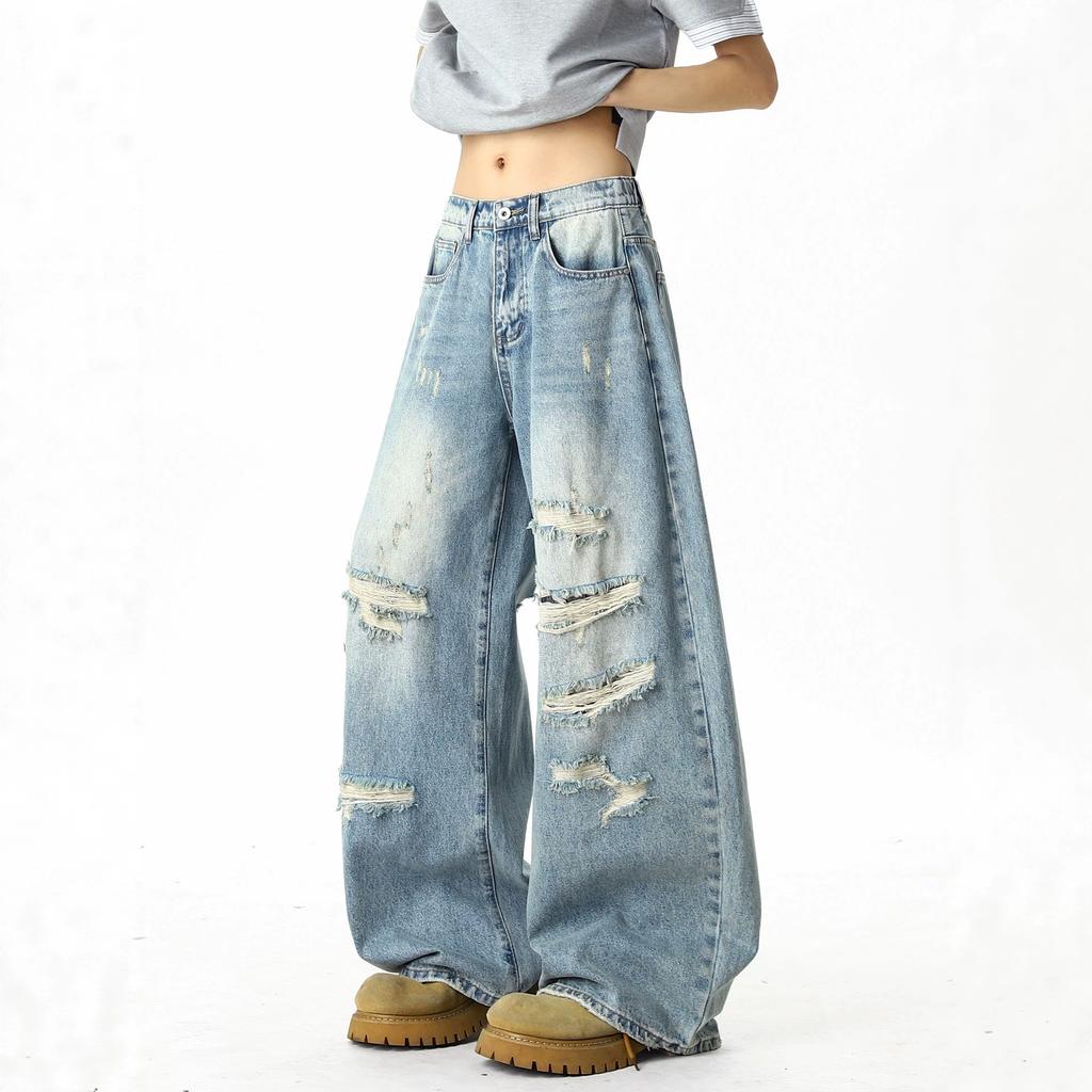 Trendy Brand Design Sense Ripped Jeans Men's Summer Loose Drape Washed Wide-leg Pants High Street Old Mopping Trousers