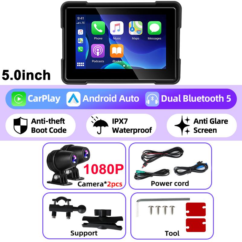 5" Motorcycle 2K DVR Wireless Carplay Android Auto Portable Screen GPS Navigation IPX7 Waterproof Monitor Dash Cam Bluetooth
