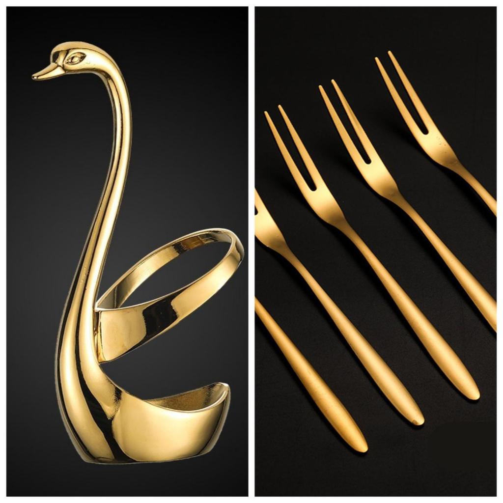 6pcs Set Stainless Steel Fruit Fork  Dessert Fork, Cake Two Tooth Fork, Creative Swan Base Tableware Storage Rack