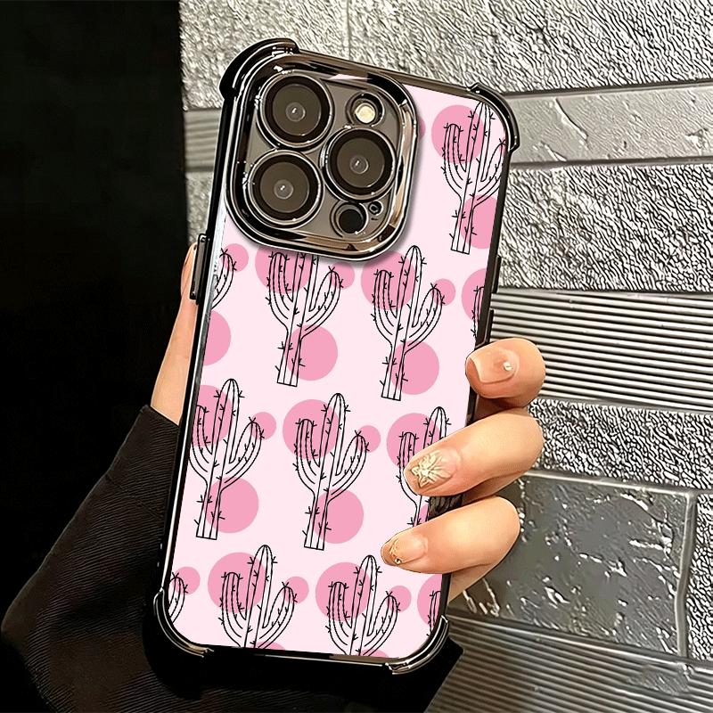Cactus Pattern Plating Phone Case For Iphone 16 17 Pro Max Air 16E 14 15 Plus 12 13 Mini Anti-Fall Airabag Cover