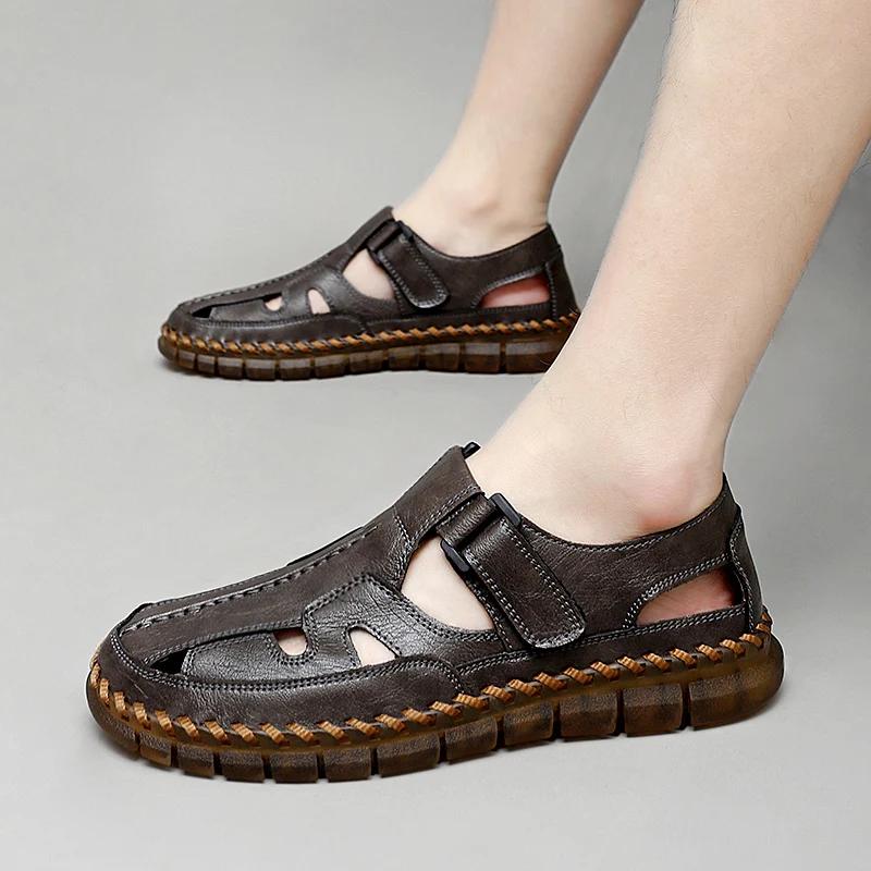 Fashion Mens Handmade Casual Leather Sandals Classic Men Beach Shoes Summer Outdoor Walking Male Sneaker Breathable Man Hollow Out Flats