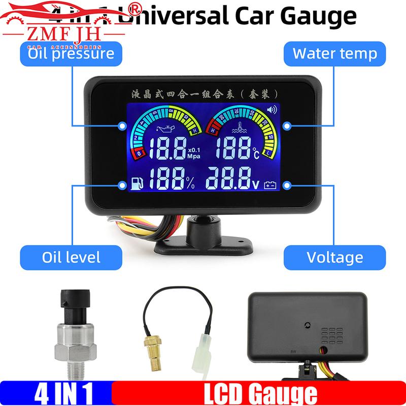 ZMFJH 4IN1 LCD-Anzeige Auto Mehrfach Digitaler Öldruck+Wassertemperatur+Kraftstoffanzeige+Spannung mit Sensor Summer Blinkendes Alarmsignal 12V24V