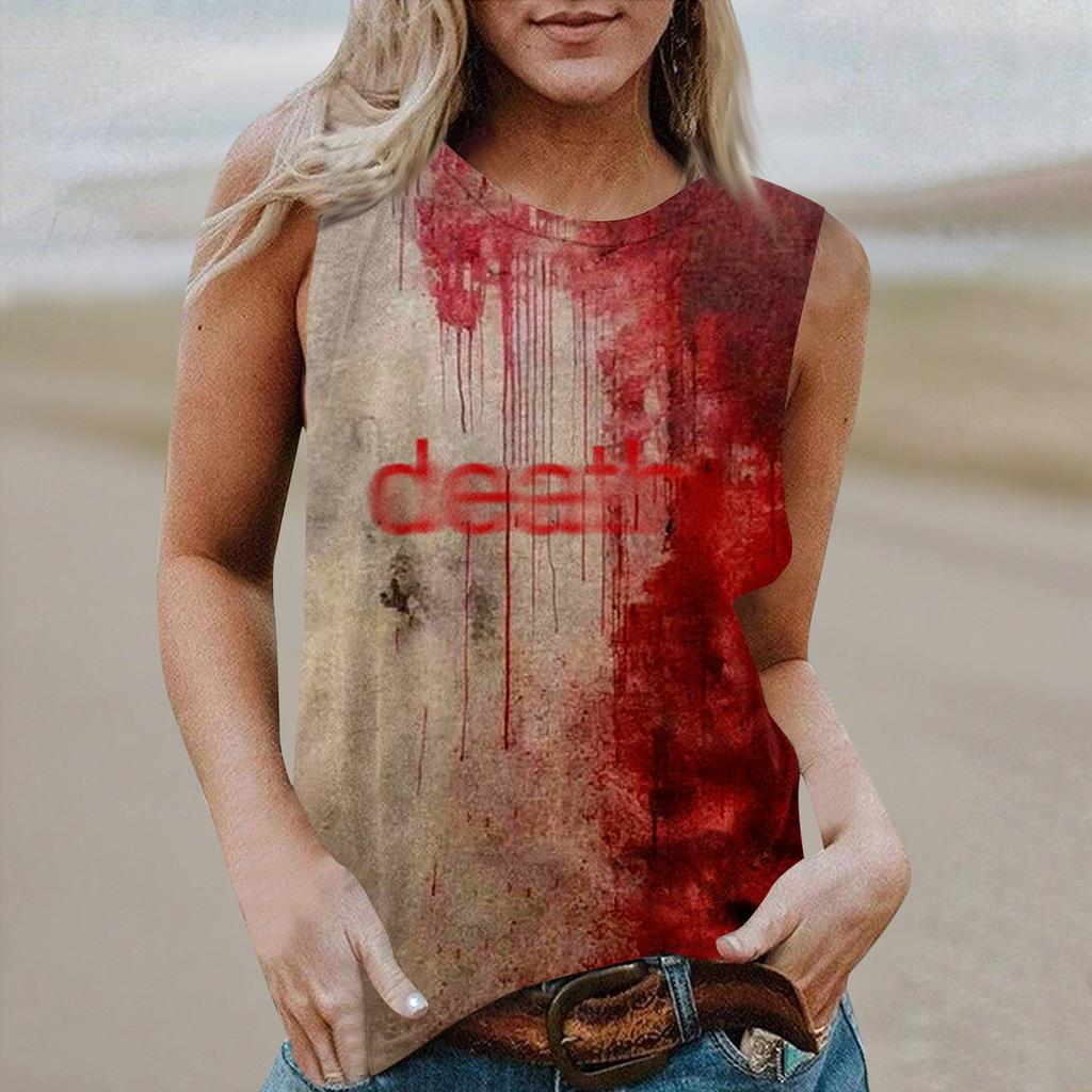 Women's Round Neck Casual Sleeveless Halloween Printed Vest T-Shirt Top
