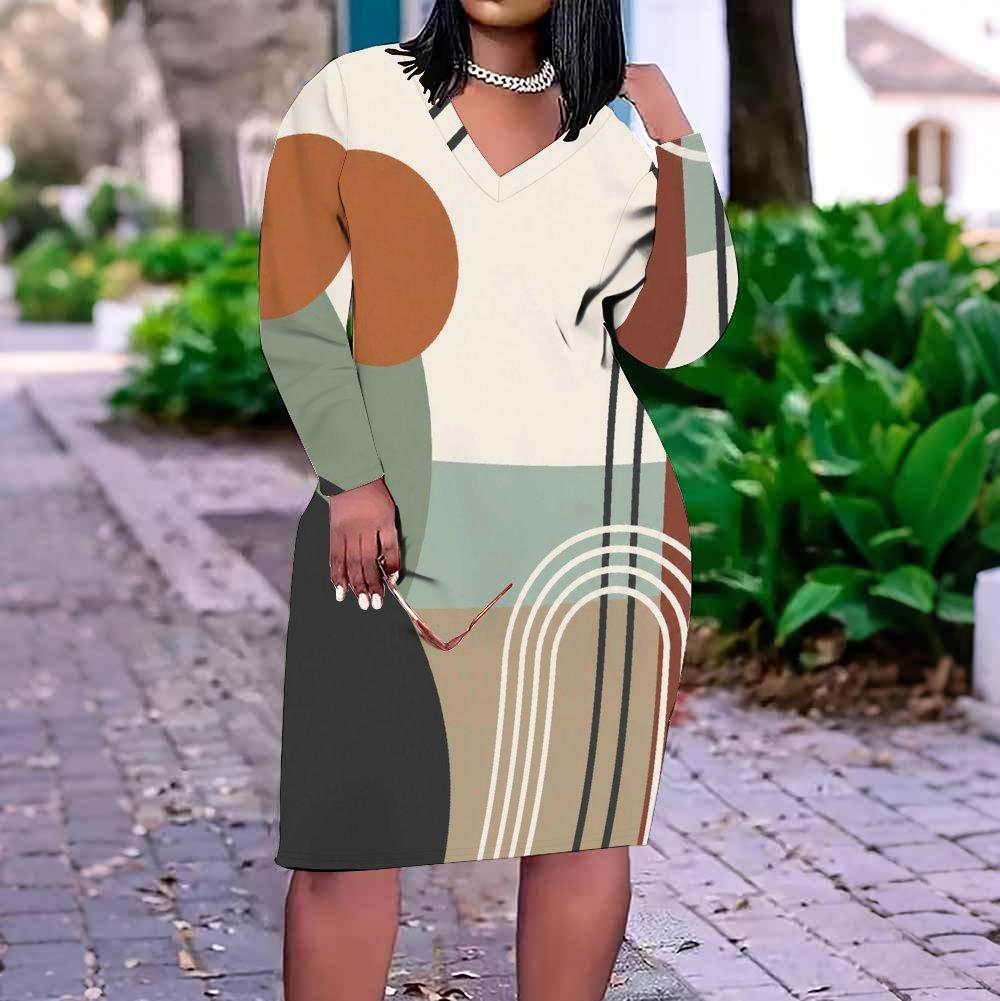 Women Plus Size V Neck Long Sleeve Abstract Printed Fitted Straight Dress