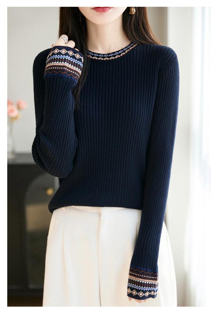 Women's Ethnic Style Knitted Sweater - Autumn/Winter Ribbed, Slimming, Round Neck Base Layer