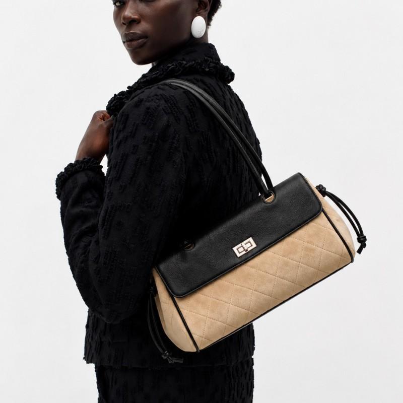 Stylish Quilted Rhombus Lock Faux Suede Loaf Bag Crossbody Shoulder Daily Commute
