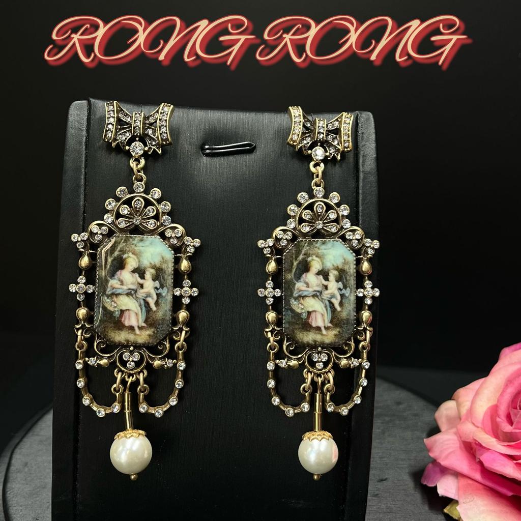 Vintage Hofstil Diamantbesetzte Perlenfigur Porträt Optimierung Ohrringe Westliche antike Vintage mittelalterliche Ohrringe